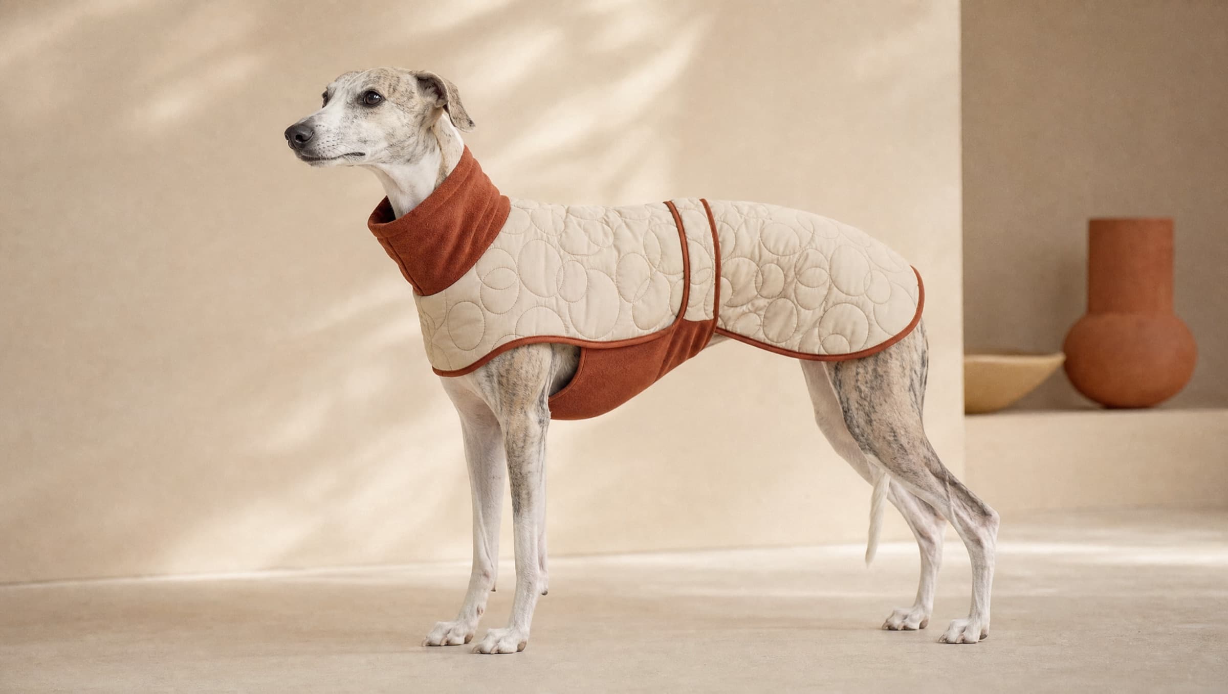 Whippet in a quilted cream-and-terracotta coat, editorial studio portrait